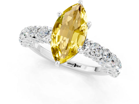White gold Marquise Cut Yellow Sapphire Solitaire Ring with Shared Prong Pavé Band and Four-Prong Setting_1