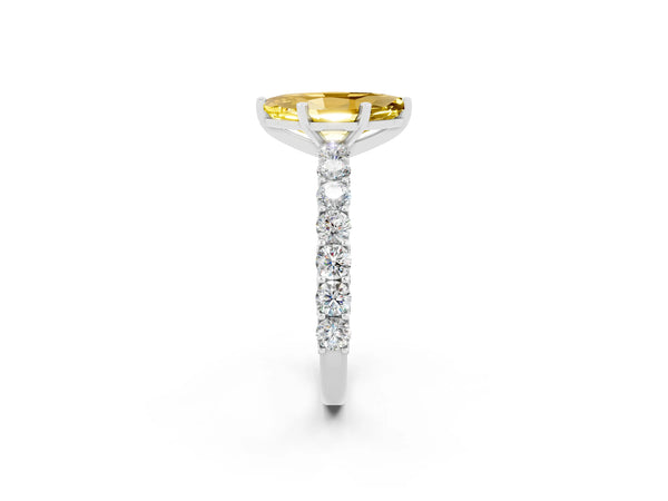 Platinum Marquise Cut Yellow Sapphire Solitaire Ring with Shared Prong Pavé Band and Four-Prong Setting