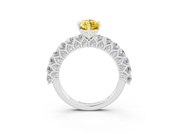 Platinum Marquise Cut Yellow Sapphire Solitaire Ring with Shared Prong Pavé Band and Four-Prong Setting