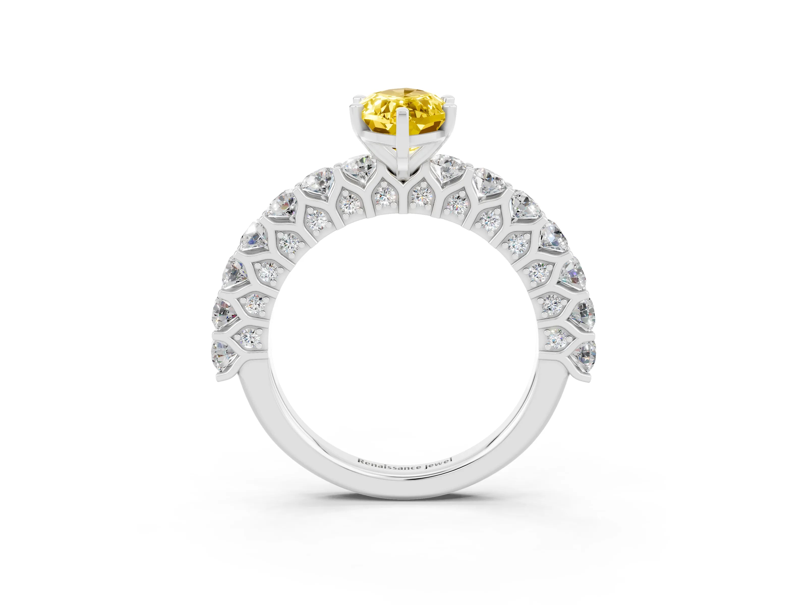 White gold Marquise Cut Yellow Sapphire Solitaire Ring with Shared Prong Pavé Band and Four-Prong Setting_3