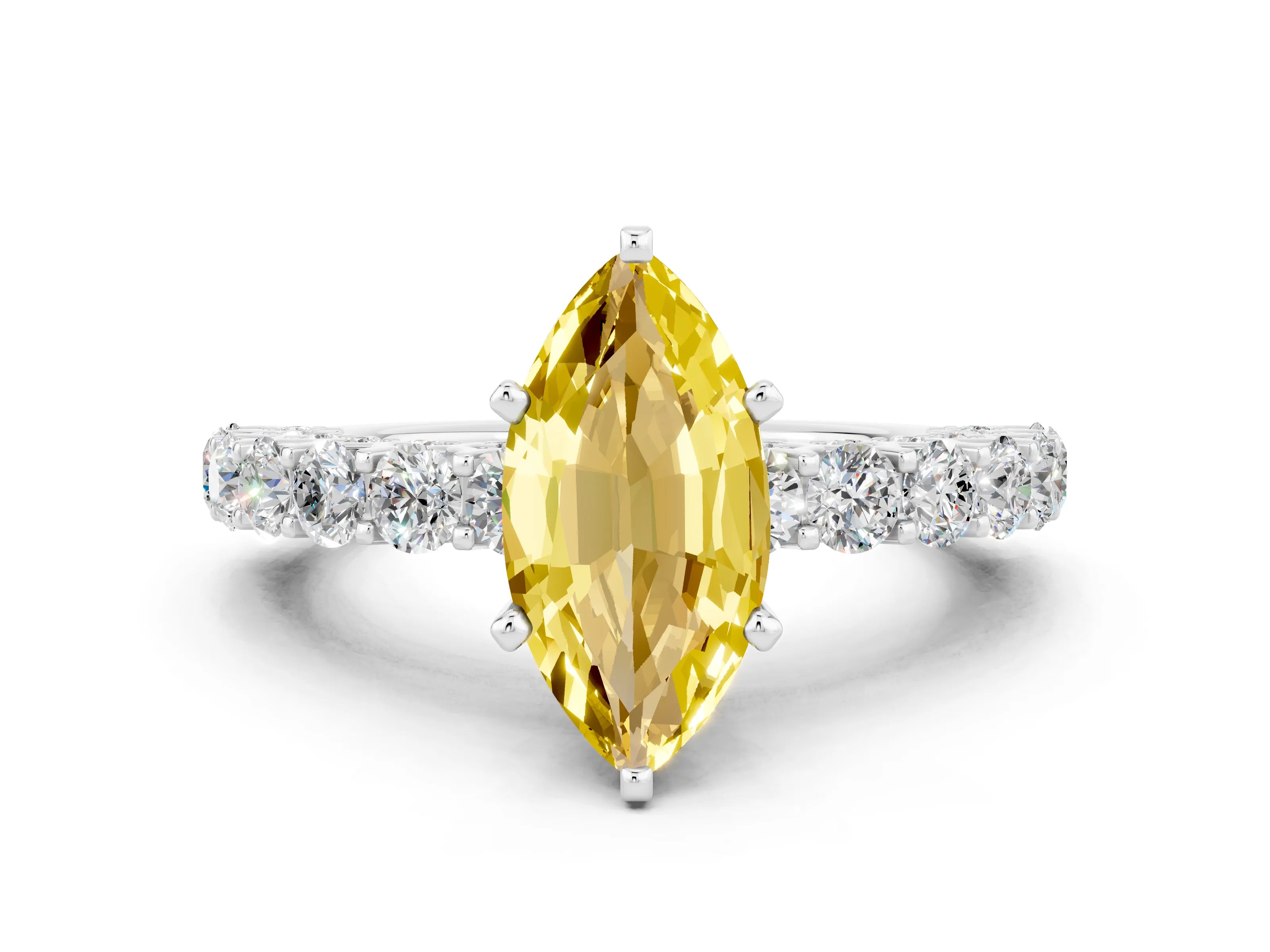 White gold Marquise Cut Yellow Sapphire Solitaire Ring with Shared Prong Pavé Band and Four-Prong Setting