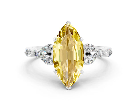 White gold Marquise Cut Yellow Sapphire Solitaire Ring with Side Stones and Four-Prong Setting_12