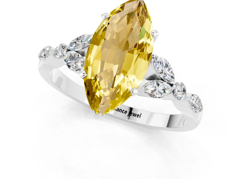 White gold Marquise Cut Yellow Sapphire Solitaire Ring with Side Stones and Four-Prong Setting_13