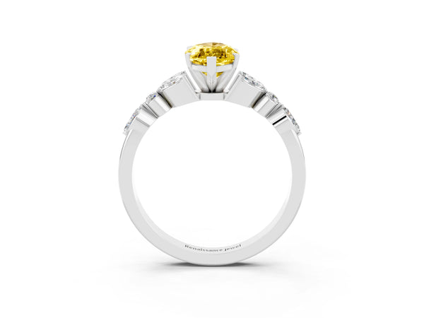 Platinum Marquise Cut Yellow Sapphire Solitaire Ring with Side Stones and Four-Prong Setting