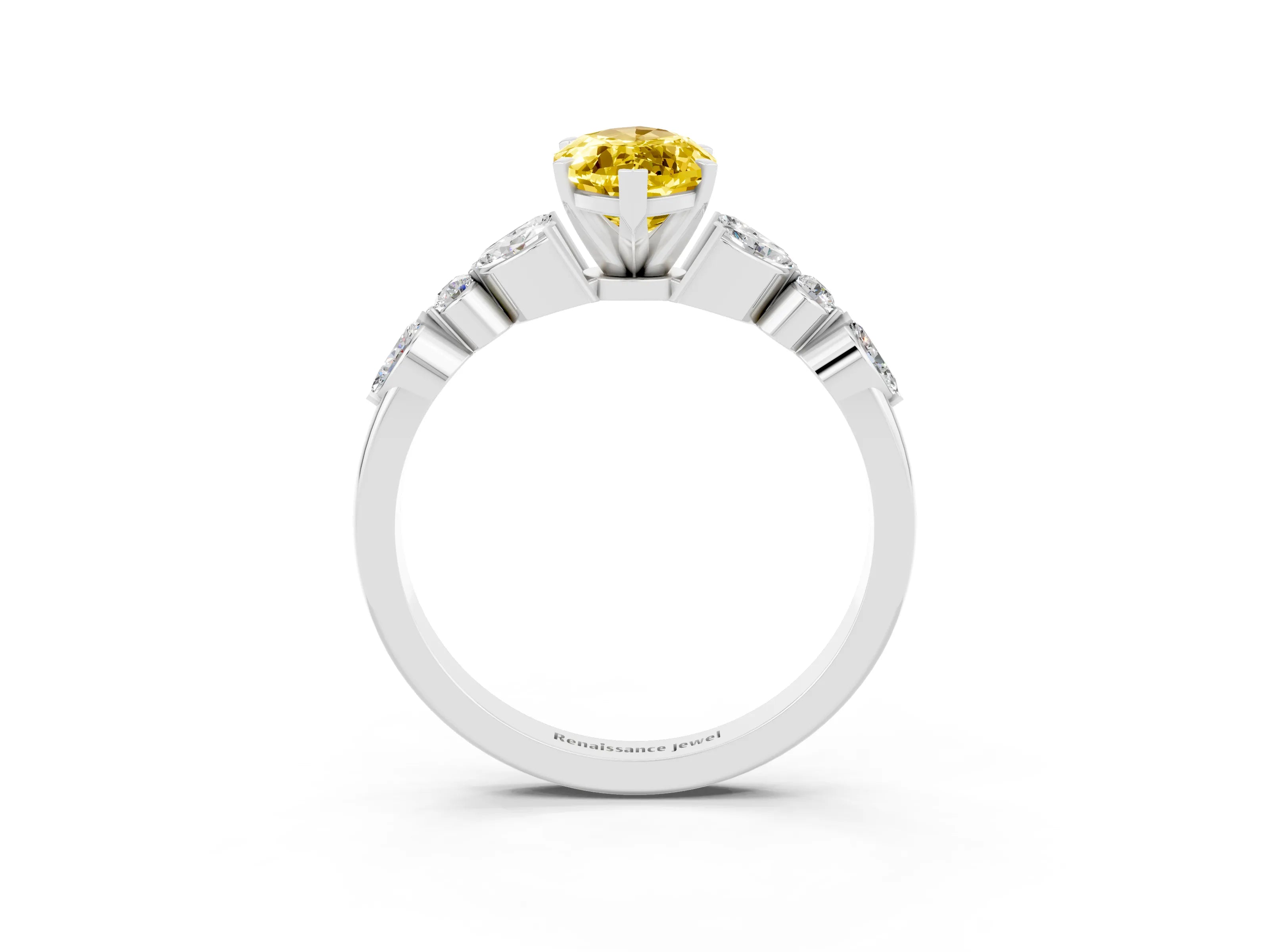 White gold Marquise Cut Yellow Sapphire Solitaire Ring with Side Stones and Four-Prong Setting_27