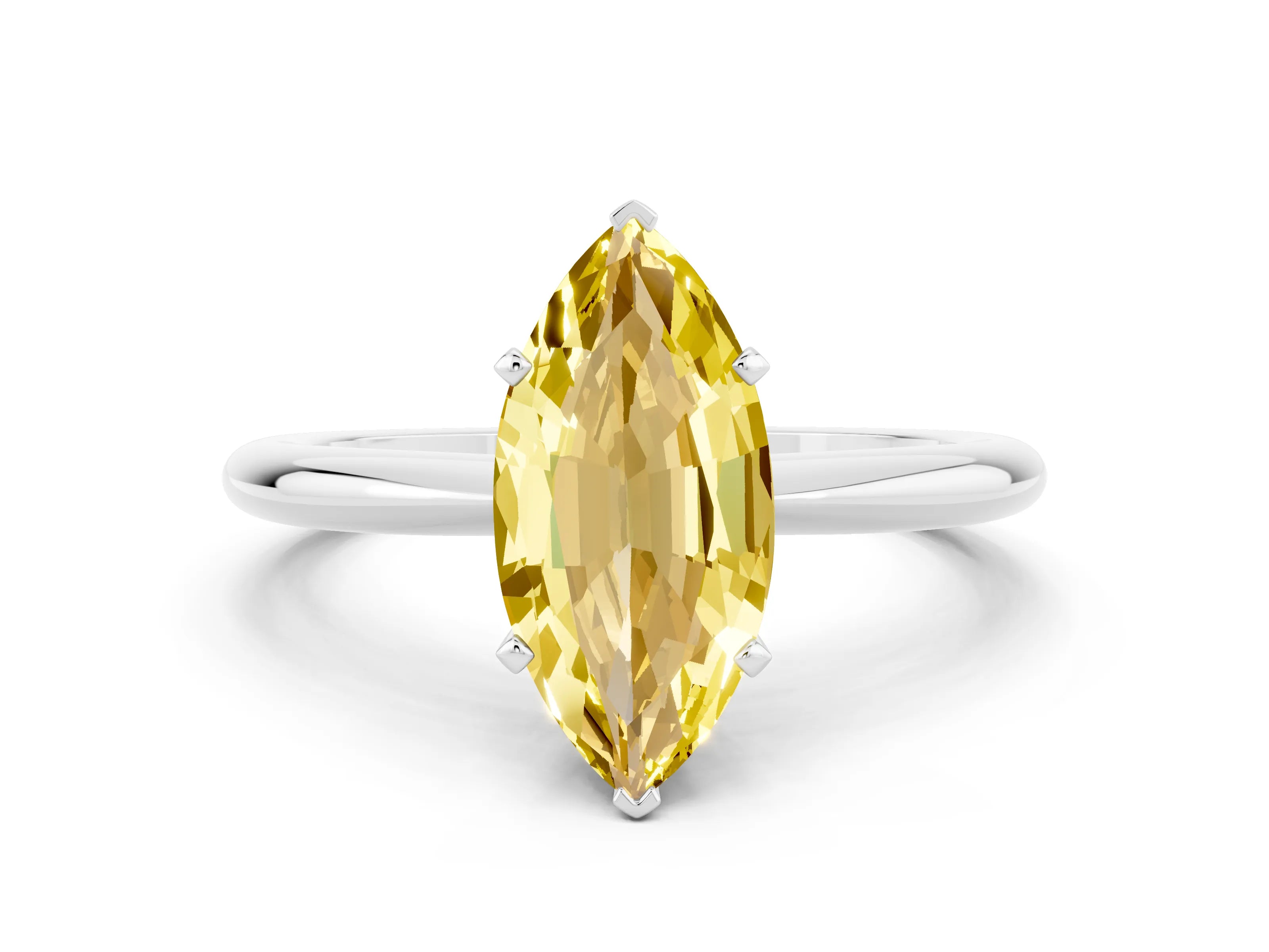 White gold Marquise Cut Yellow Sapphire Solitaire Ring with Six-Prong Setting and Classic Band