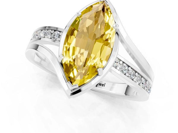 White gold Marquise Cut Yellow Sapphire Solitaire Ring with Split Shank and Prong Setting