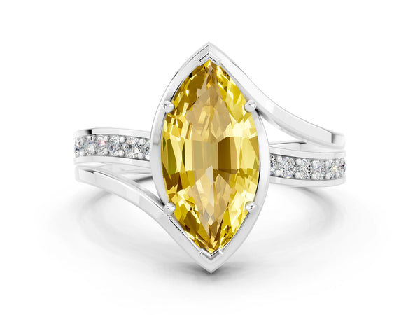 White gold Marquise Cut Yellow Sapphire Solitaire Ring with Split Shank and Prong Setting