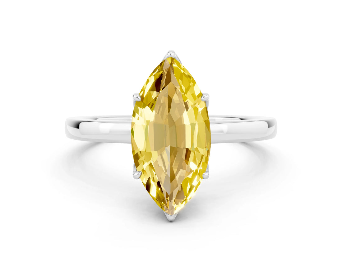 White gold Marquise Cut Yellow Sapphire Solitaire Ring with Thin Band and Prong Setting_12