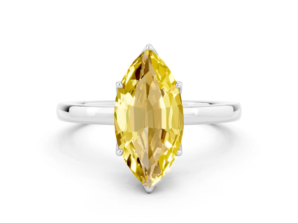 White gold Marquise Cut Yellow Sapphire Solitaire Ring with Thin Band and Prong Setting