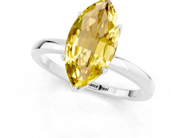 Silver Marquise Cut Yellow Sapphire Solitaire Ring with Thin Band and Prong Setting