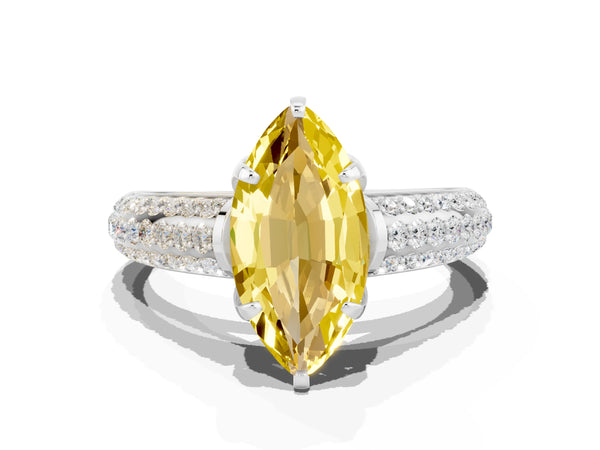Platinum Marquise Cut Yellow Sapphire Solitaire Ring with Three-Row Pavé Band and Four-Prong Setting