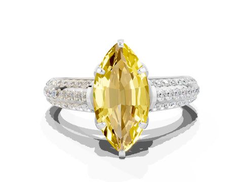 White gold Marquise Cut Yellow Sapphire Solitaire Ring with Three-Row Pavé Band and Four-Prong Setting_12