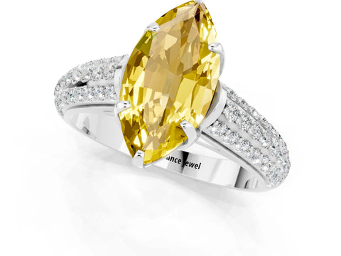 White gold Marquise Cut Yellow Sapphire Solitaire Ring with Three-Row Pavé Band and Four-Prong Setting_13