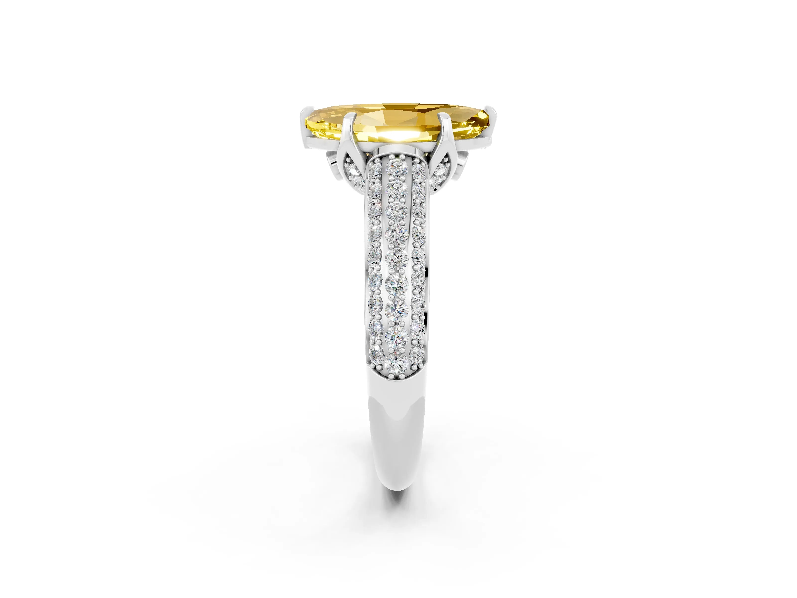 White gold Marquise Cut Yellow Sapphire Solitaire Ring with Three-Row Pavé Band and Four-Prong Setting_14