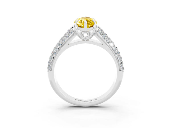 Silver Marquise Cut Yellow Sapphire Solitaire Ring with Three-Row Pavé Band and Four-Prong Setting