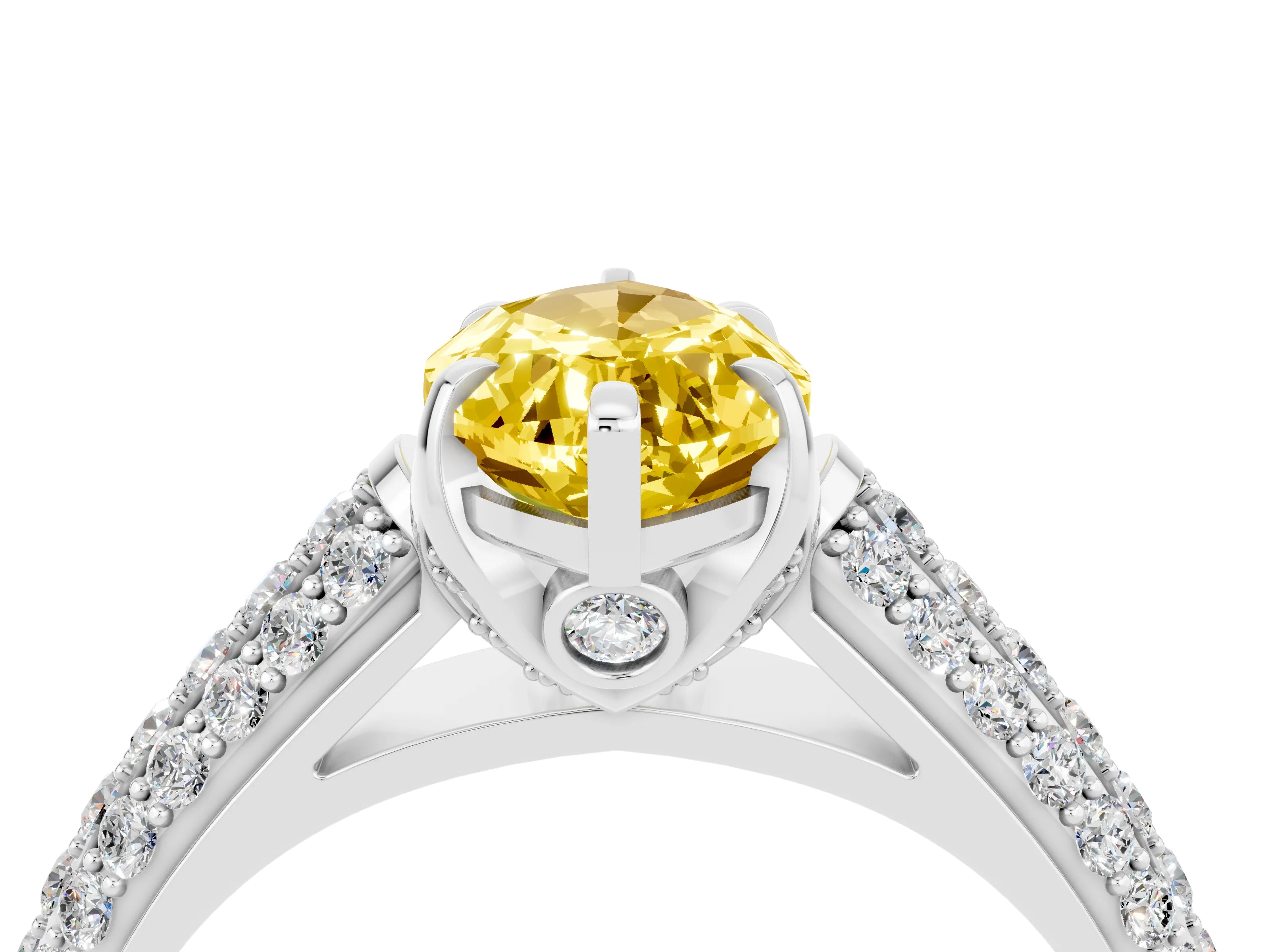White gold Marquise Cut Yellow Sapphire Solitaire Ring with Three-Row Pavé Band and Four-Prong Setting_16