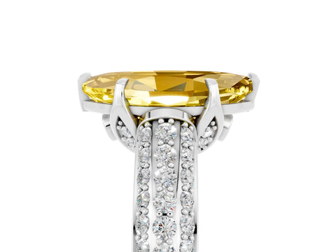 White gold Marquise Cut Yellow Sapphire Solitaire Ring with Three-Row Pavé Band and Four-Prong Setting_17