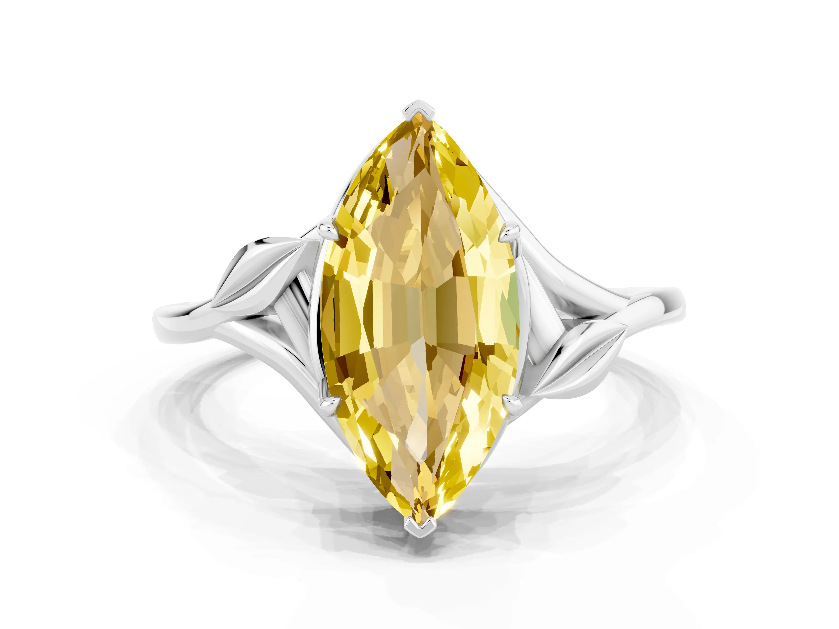 White gold Marquise Cut Yellow Sapphire Solitaire Ring with Twist Band and Four-Prong Setting_12
