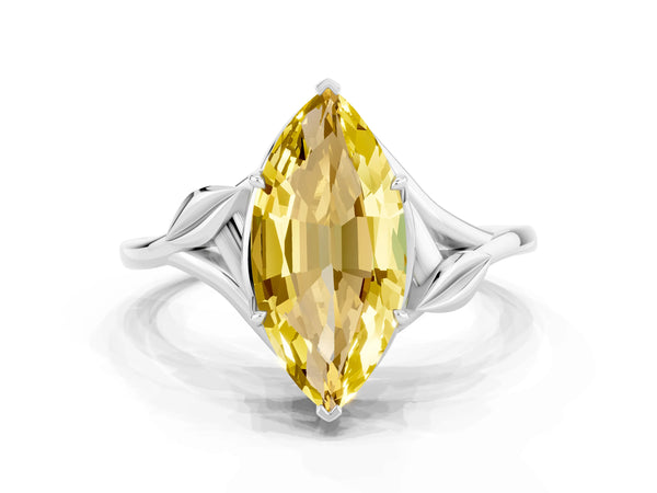 Silver Marquise Cut Yellow Sapphire Solitaire Ring with Twist Band and Four-Prong Setting