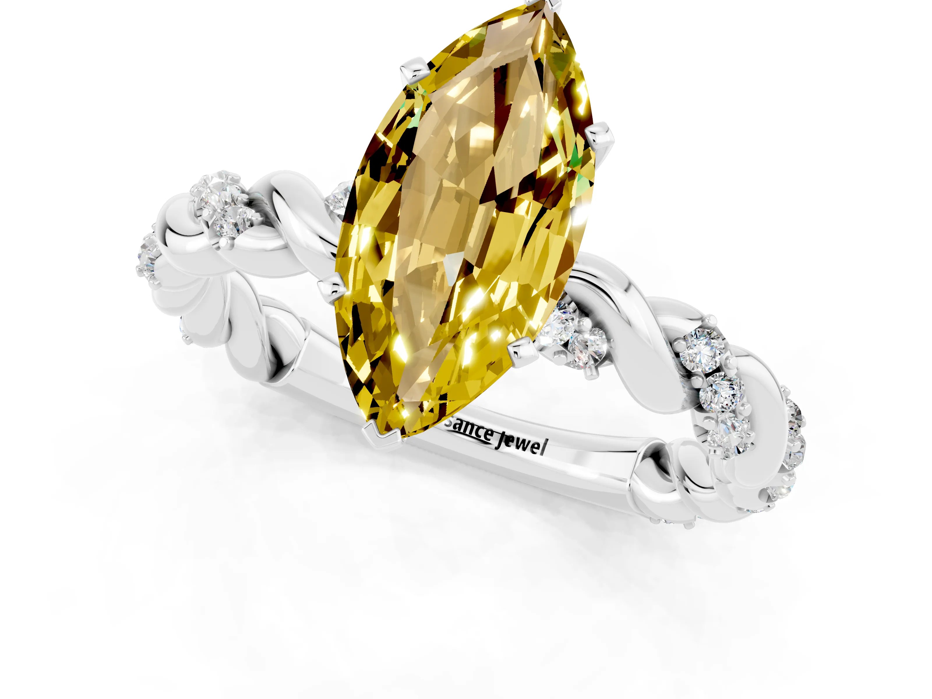White gold Marquise Cut Yellow Sapphire Solitaire Ring with Twisted Band and Pavé Accents_1