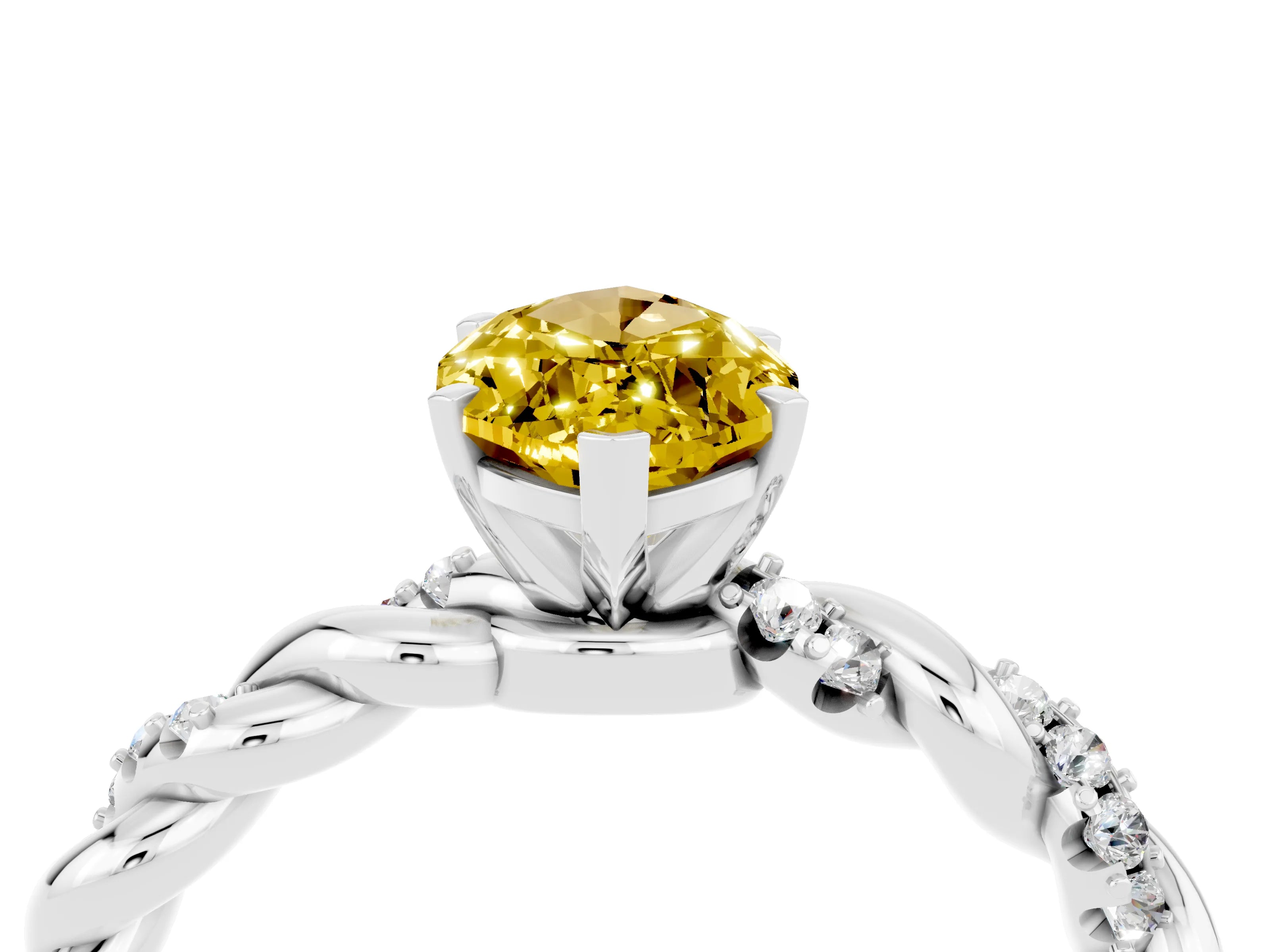 White gold Marquise Cut Yellow Sapphire Solitaire Ring with Twisted Band and Pavé Accents_4