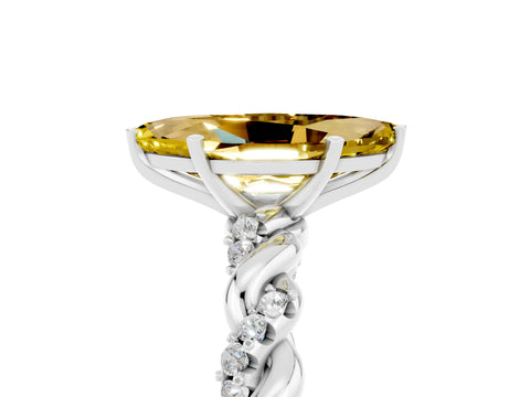 White gold Marquise Cut Yellow Sapphire Solitaire Ring with Twisted Band and Pavé Accents_5