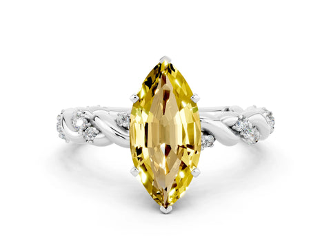 White gold Marquise Cut Yellow Sapphire Solitaire Ring with Twisted Band and Pavé Accents