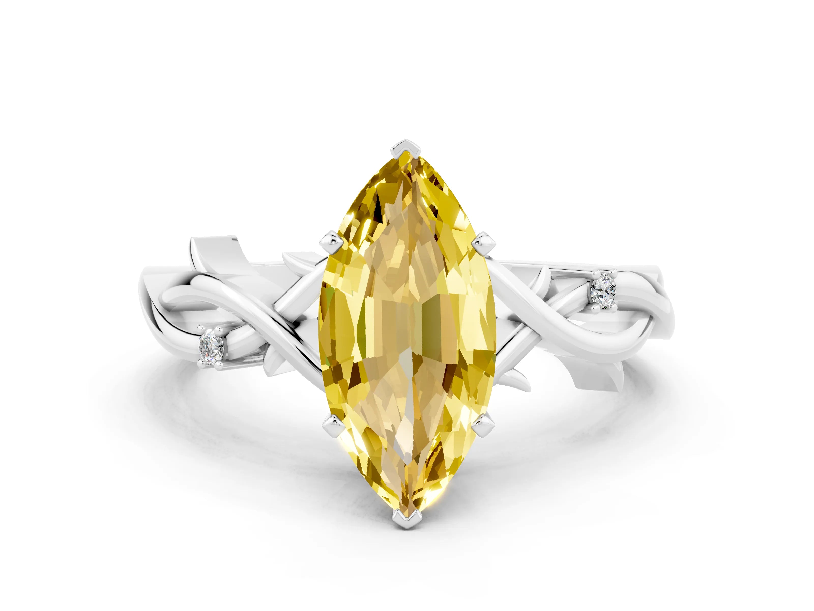 White gold Marquise Cut Yellow Sapphire Solitaire Ring with Twisted Band and Prong Setting