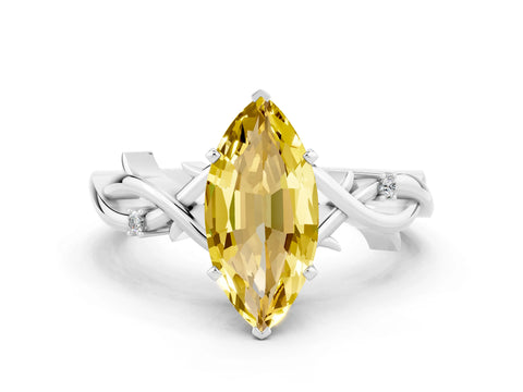 White gold Marquise Cut Yellow Sapphire Solitaire Ring with Twisted Band and Prong Setting_12