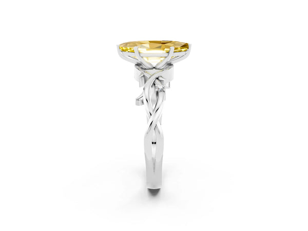 Silver Marquise Cut Yellow Sapphire Solitaire Ring with Twisted Band and Prong Setting