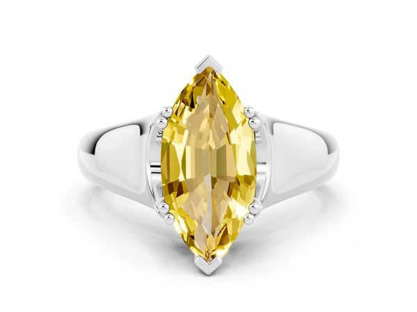 Platinum Marquise Cut Yellow Sapphire Solitaire Ring with Wide Band and Prong Setting