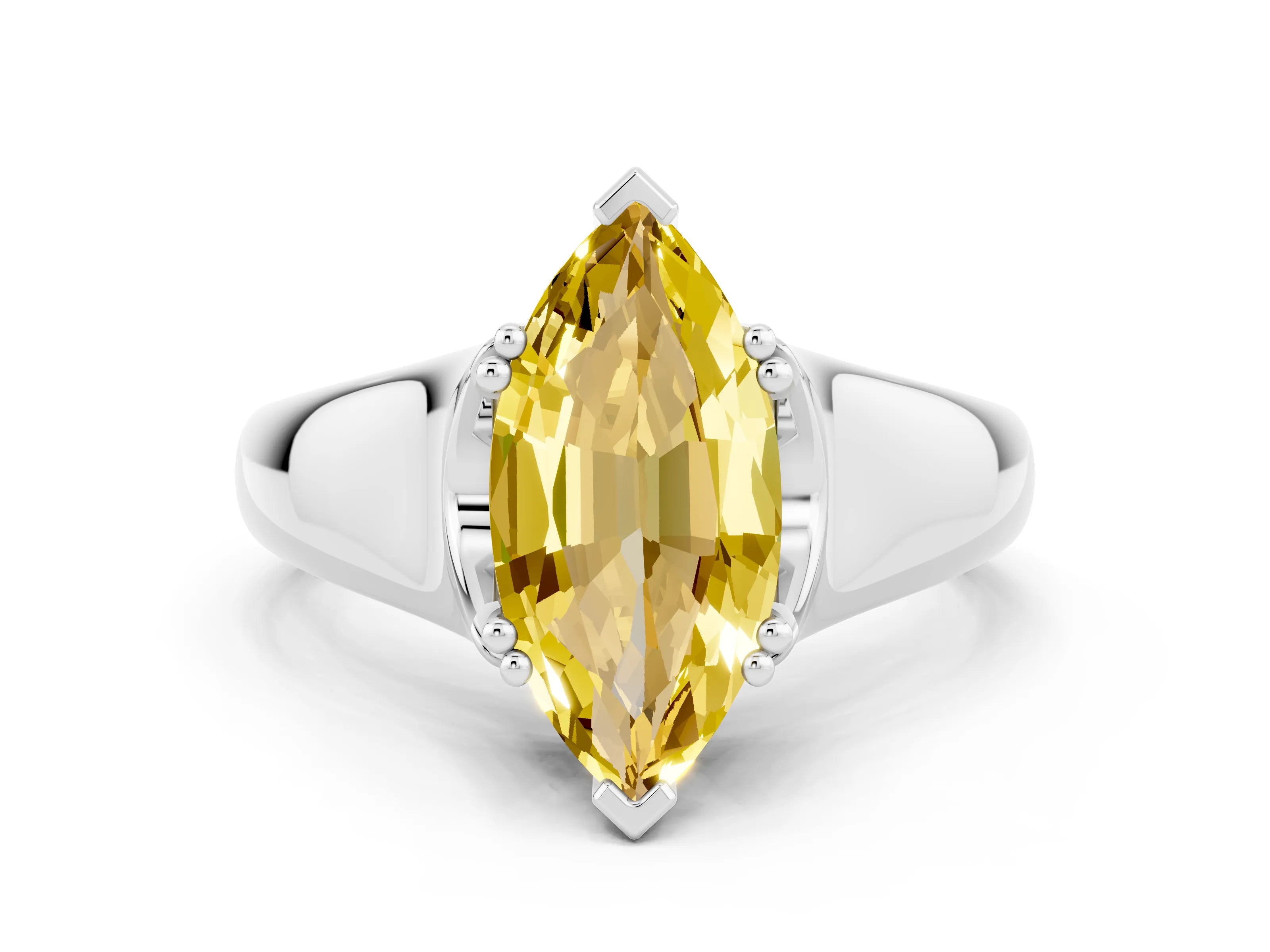 White gold Marquise Cut Yellow Sapphire Solitaire Ring with Wide Band and Prong Setting_24