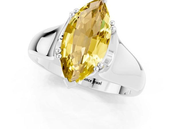 Silver Marquise Cut Yellow Sapphire Solitaire Ring with Wide Band and Prong Setting