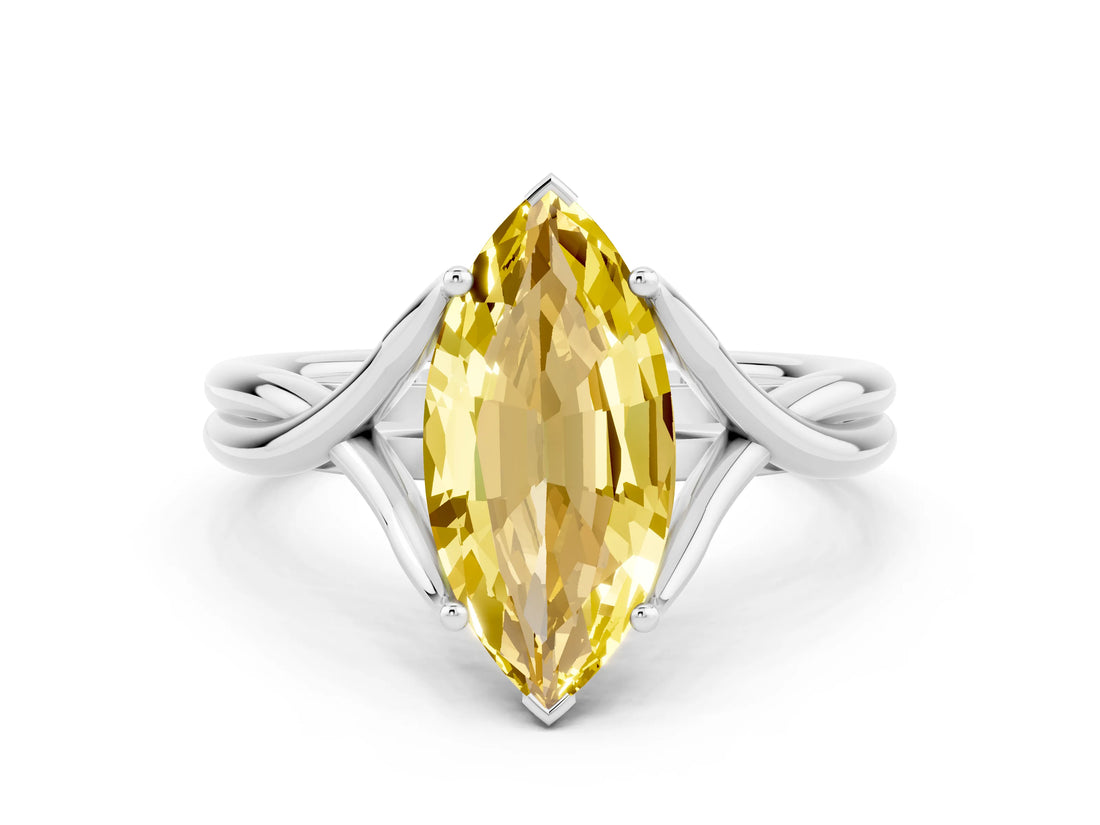 White gold Marquise Cut Yellow Sapphire Solitaire Twist Band Prong Setting Ring_84