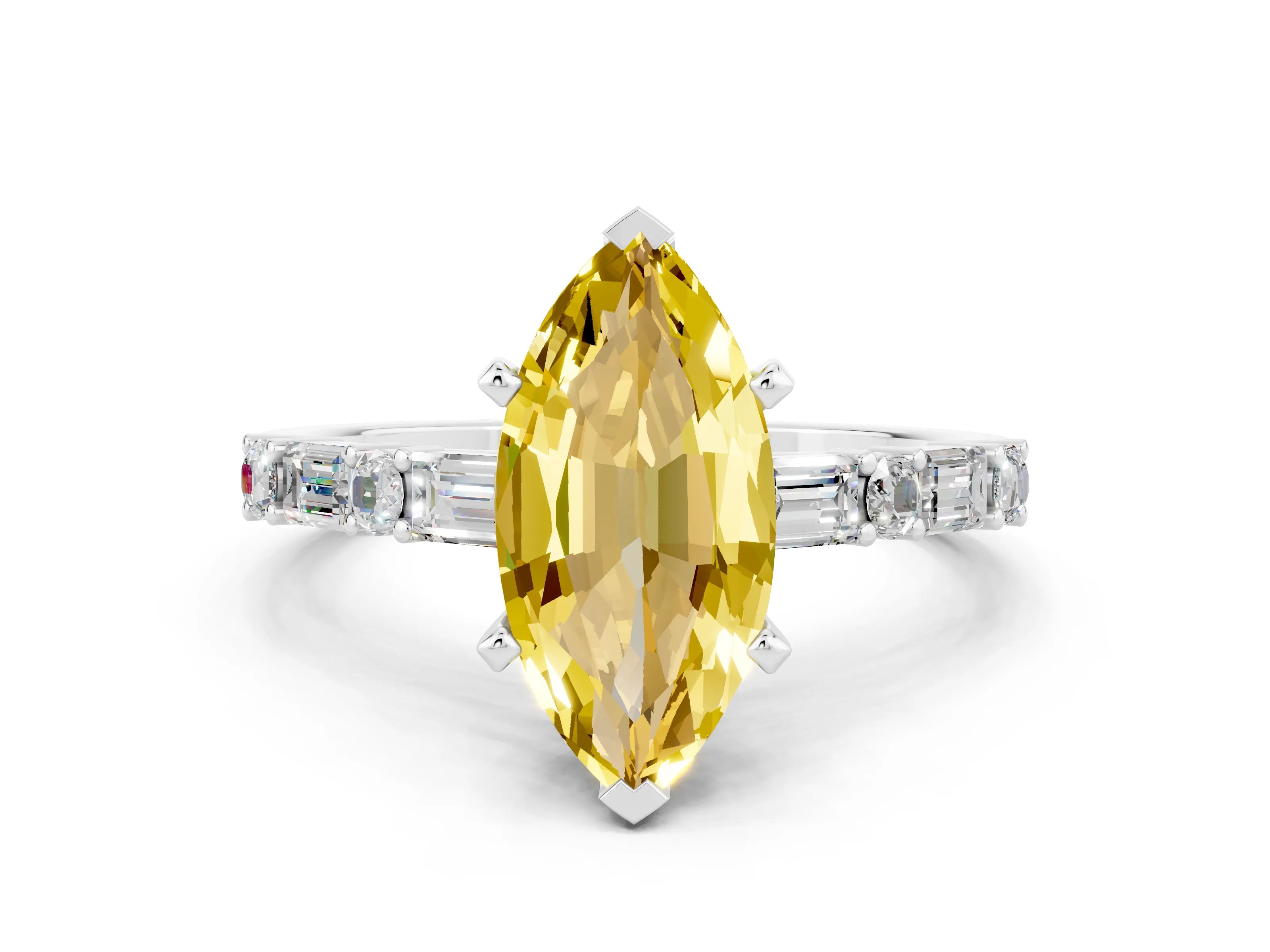 White gold Marquise Cut Yellow Sapphire Solitaire with Side Baguettes and Channel Set Band_24