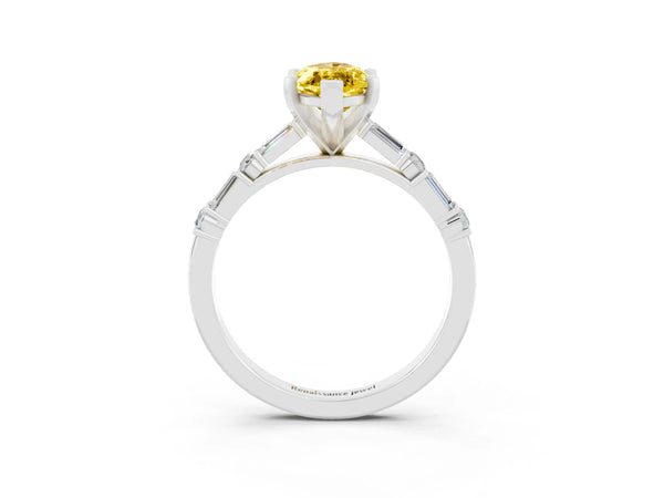White gold Marquise Cut Yellow Sapphire Solitaire with Side Baguettes and Channel Set Band