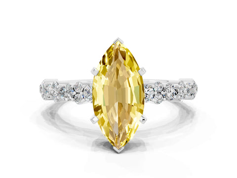 White gold Marquise Cut Yellow Sapphire Solitaire with Side Stones, Pave Band, Four-Prong Setting_24