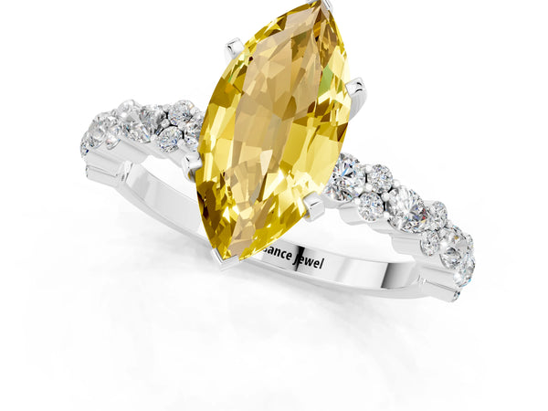 Silver Marquise Cut Yellow Sapphire Side Stone Solitaire Ring with Round  and Four-Prong Setting