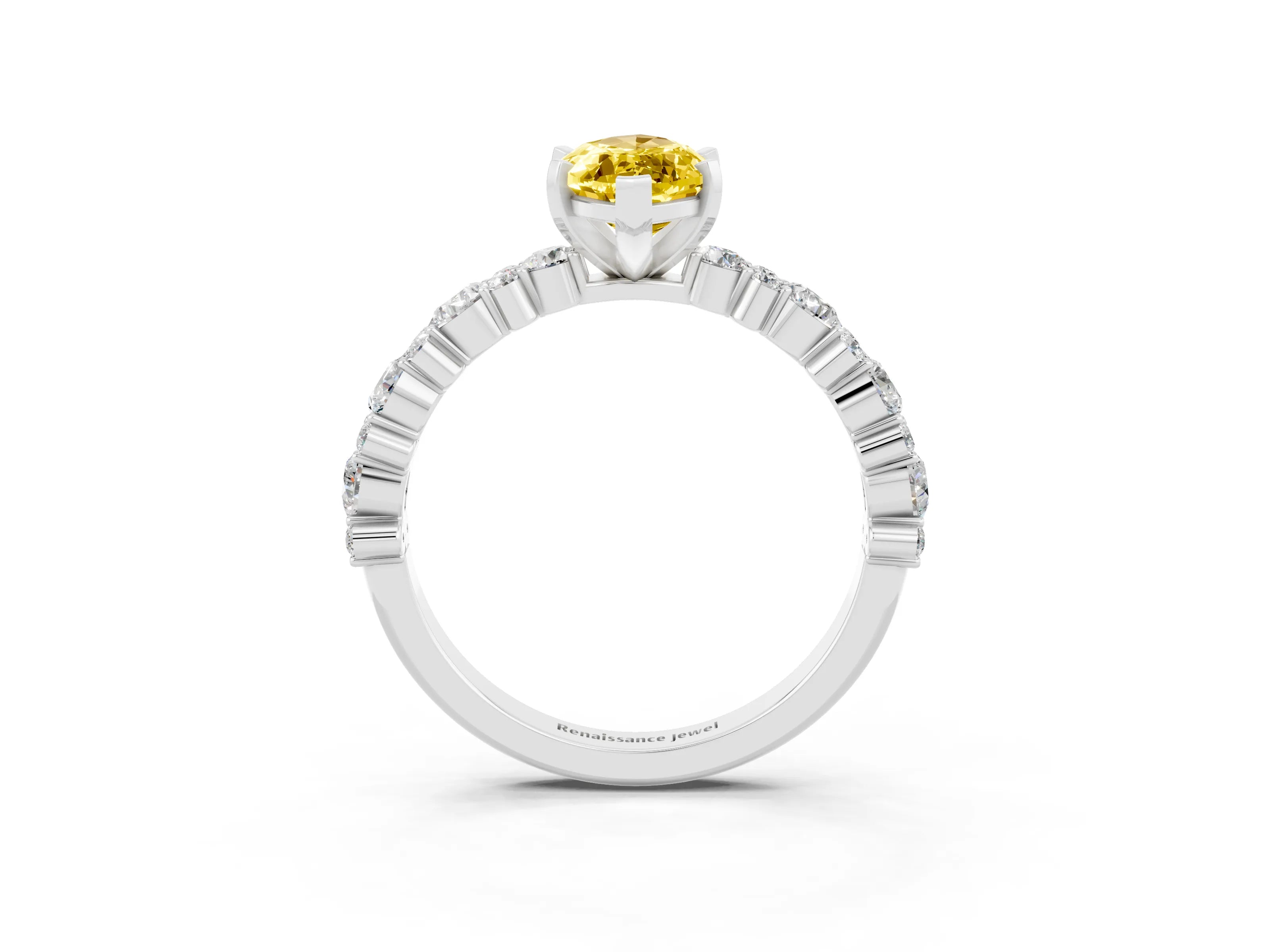 White gold Marquise Cut Yellow Sapphire Solitaire with Side Stones, Pave Band, Four-Prong Setting_27