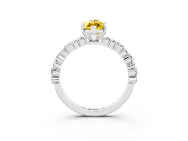 Platinum Marquise Cut Yellow Sapphire Side Stone Solitaire Ring with Round  and Four-Prong Setting