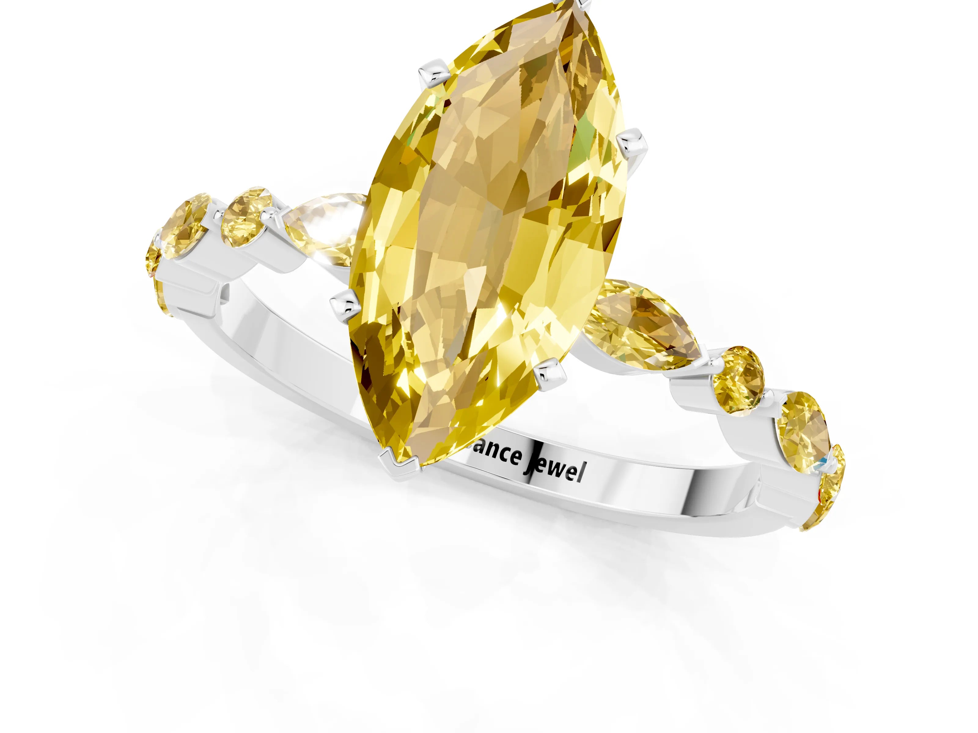White gold Marquise Cut Yellow Sapphire Solitaire with Side Stones on a Pavé Band and Four-Prong Setting_1