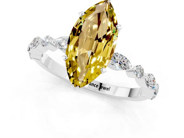 Silver Marquise Cut Yellow Sapphire Ring with Marquise and Round  Side Stones and Four-Prong Setting