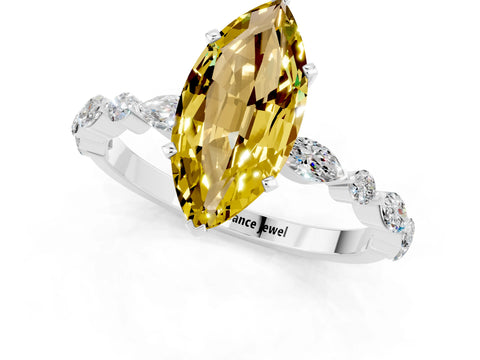 White gold Marquise Cut Yellow Sapphire Solitaire with Side Stones on a Pavé Band and Four-Prong Setting_25