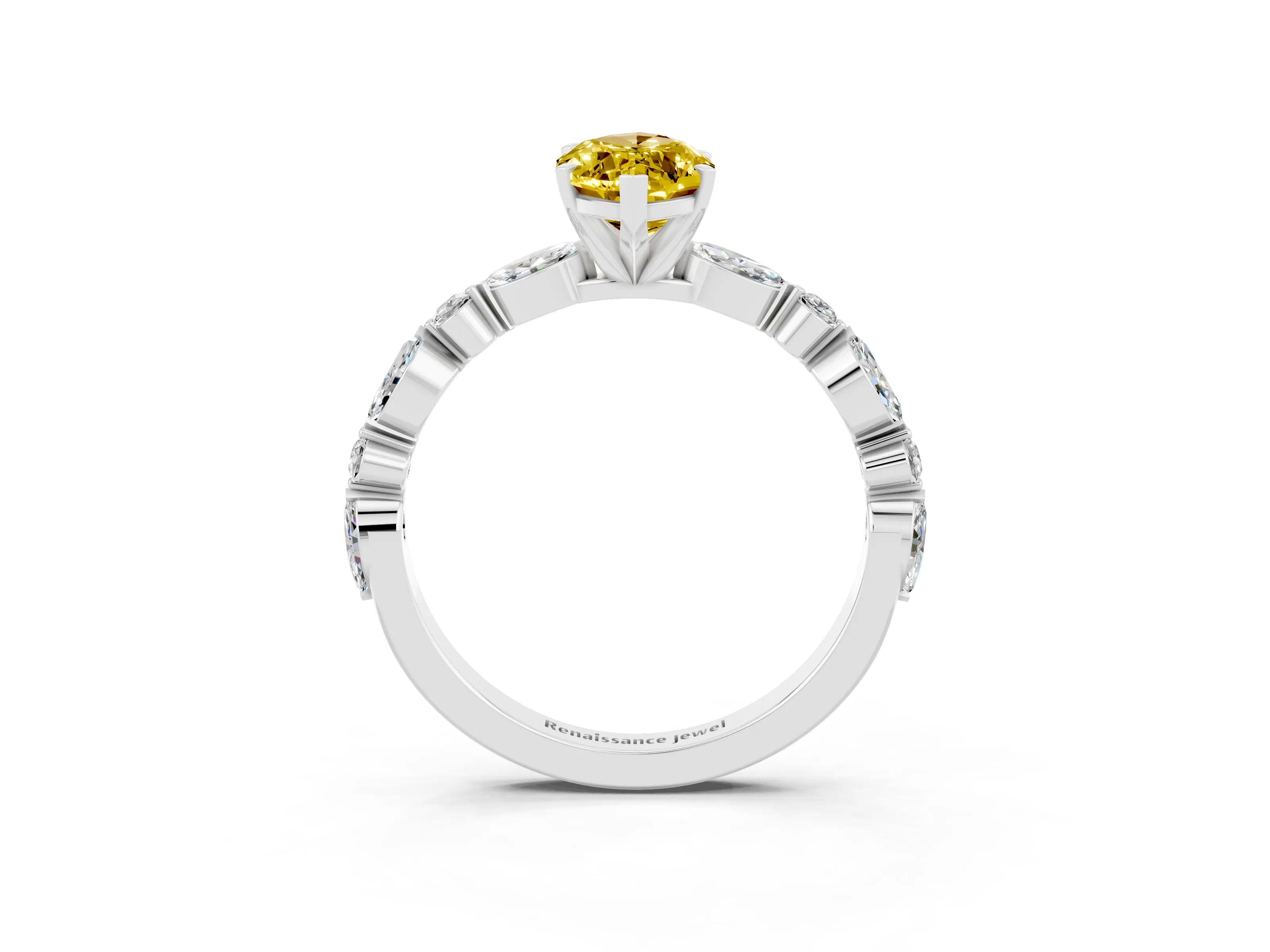 White gold Marquise Cut Yellow Sapphire Solitaire with Side Stones on a Pavé Band and Four-Prong Setting_27