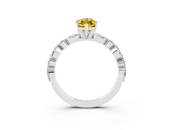 Platinum Marquise Cut Yellow Sapphire Ring with Marquise and Round  Side Stones and Four-Prong Setting