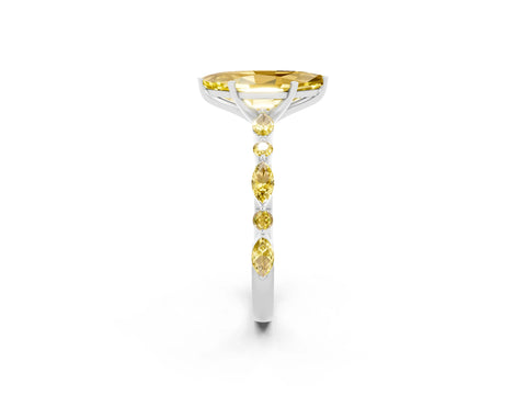 White gold Marquise Cut Yellow Sapphire Solitaire with Side Stones on a Pavé Band and Four-Prong Setting_2