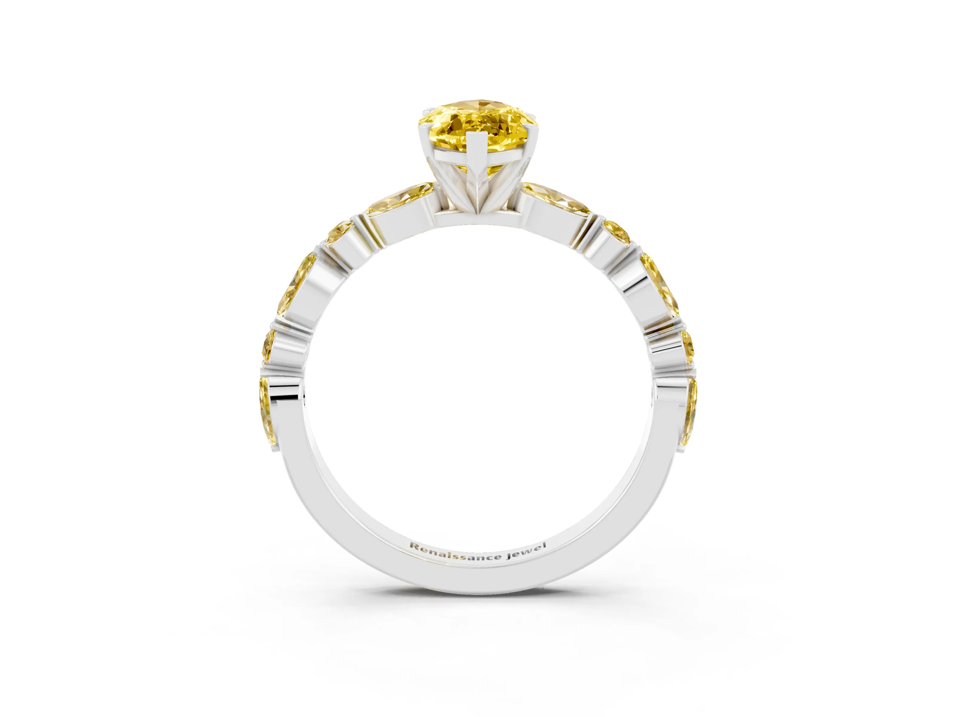White gold Marquise Cut Yellow Sapphire Solitaire with Side Stones on a Pavé Band and Four-Prong Setting_3