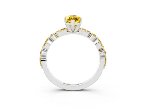 White gold Marquise Cut Yellow Sapphire Solitaire with Side Stones on a Pavé Band and Four-Prong Setting_3