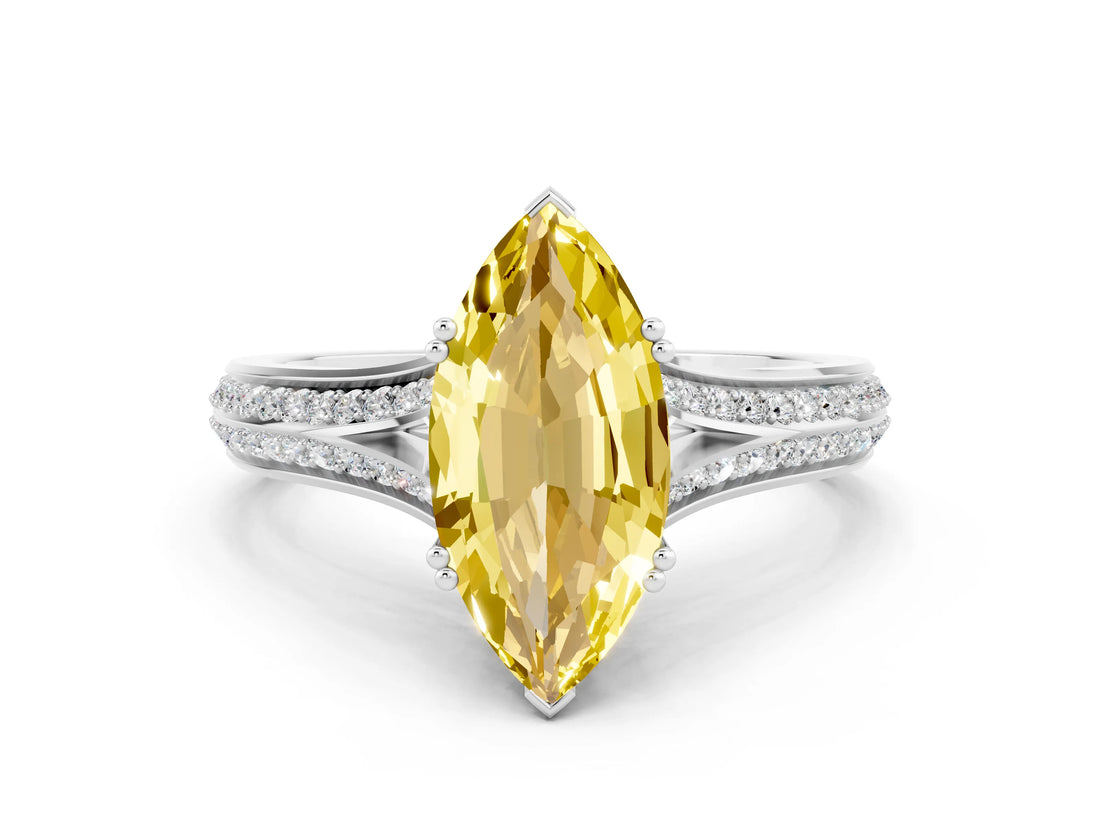 White gold Marquise Cut Yellow Sapphire Split Shank Engagement Ring with Pavé Band_24